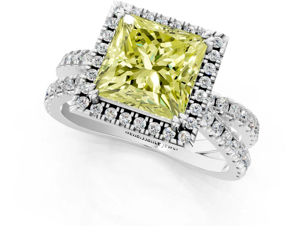 Platinum Fancy Yellow Princess  Halo Split Shank Diamond Ring with Pavé Setting