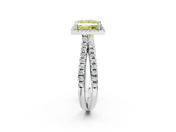 Platinum Fancy Yellow Princess  Halo Split Shank Diamond Ring with Pavé Setting