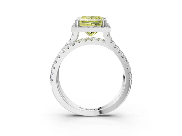 Platinum Fancy Yellow Princess  Halo Split Shank Diamond Ring with Pavé Setting