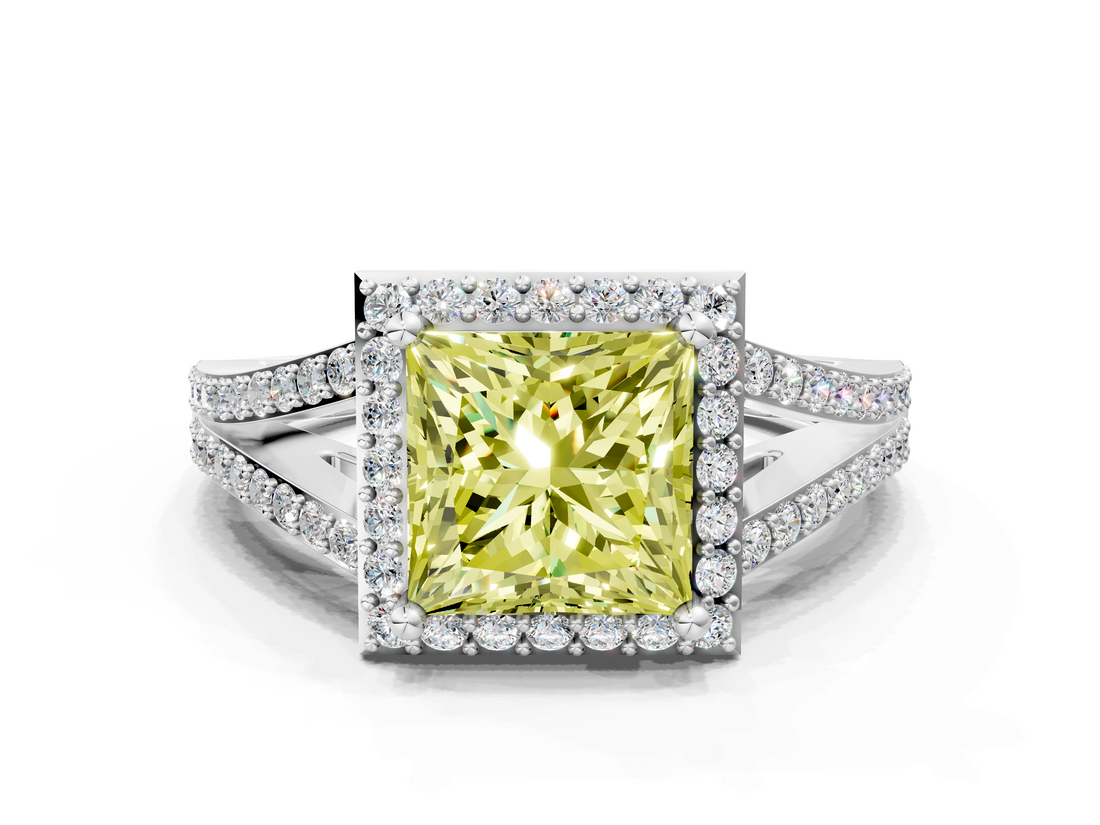 White gold Fancy Yellow Princess  Halo Split Shank Diamond Ring with Prong Setting