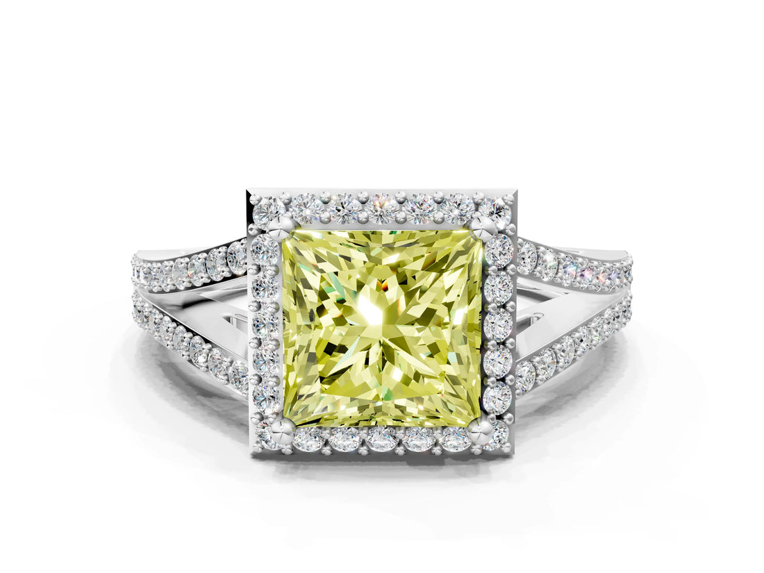 White gold Fancy Yellow Princess  Halo Split Shank Pave Diamond Ring with Four-Prong Setting_29