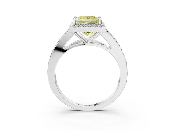 White gold Fancy Yellow Princess  Halo Split Shank Pave Diamond Ring with Four-Prong Setting