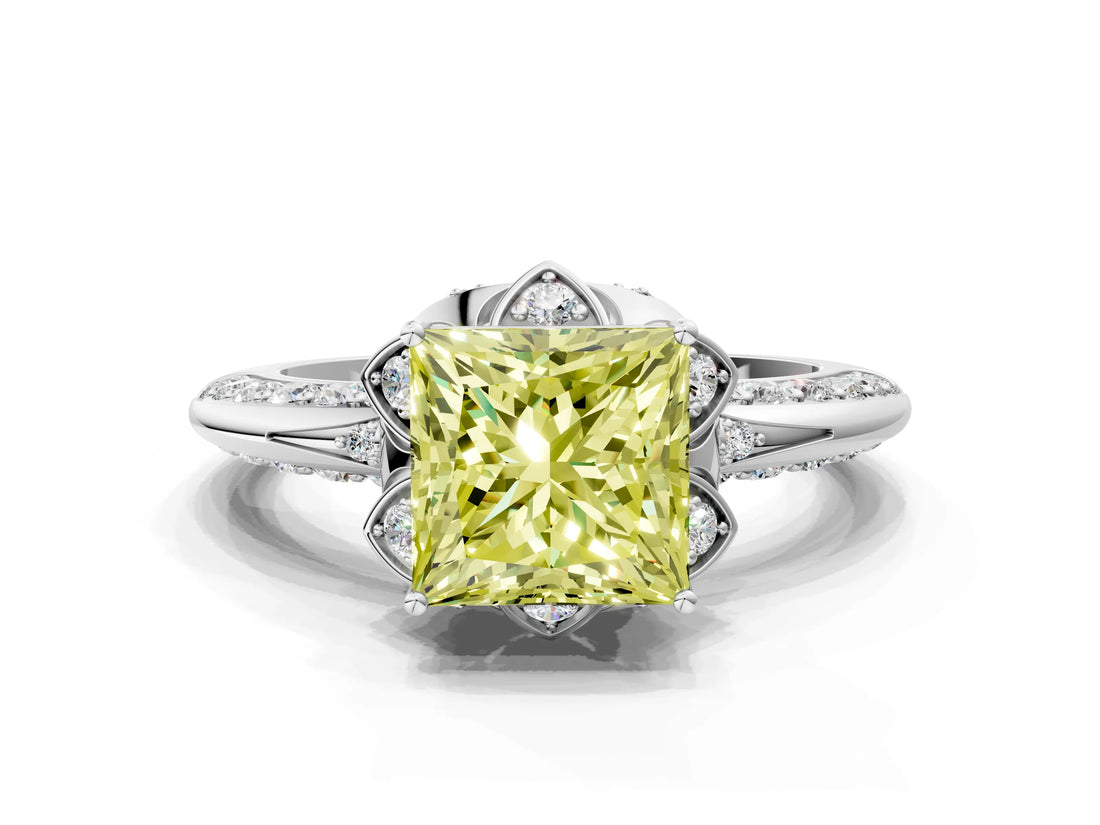 White gold Fancy Yellow Princess  Halo Split Shank Pave Diamond Ring with Petal Prong Setting_31