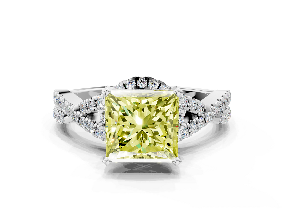 White gold Fancy Yellow Princess  Halo Twist Band Solitaire Prong Setting Ring