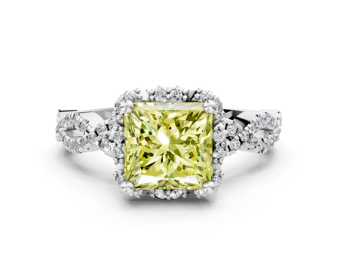 White gold Fancy Yellow Princess  Halo Twist Band Solitaire Ring with Six-Prong Setting_32