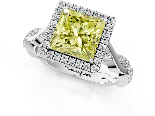 White gold Fancy Yellow Princess  Halo Twist Band Solitaire Ring