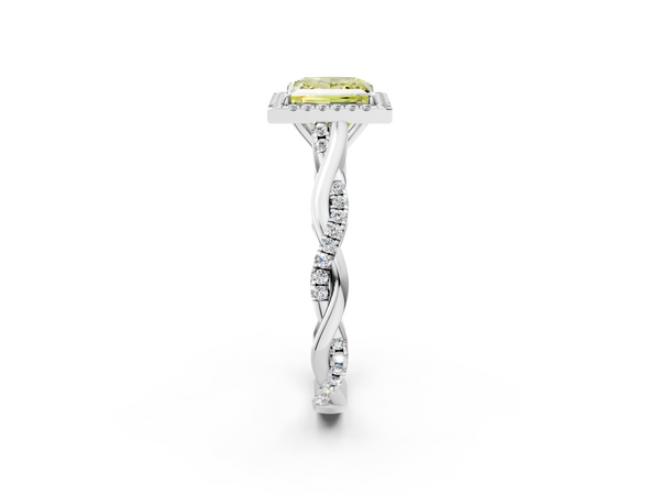 White gold Fancy Yellow Princess  Halo Twist Band Solitaire Ring