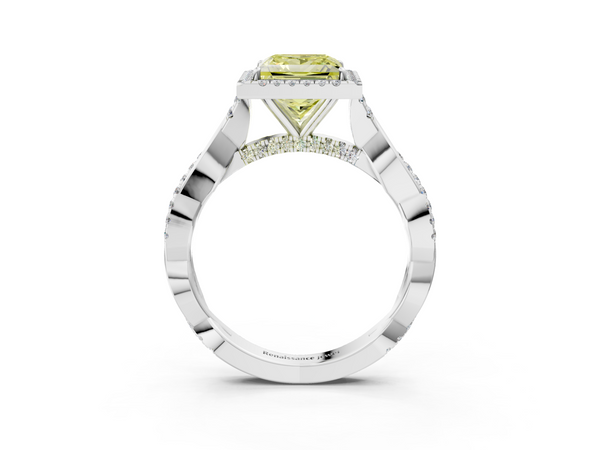 White gold Fancy Yellow Princess  Halo Twist Band Solitaire Ring