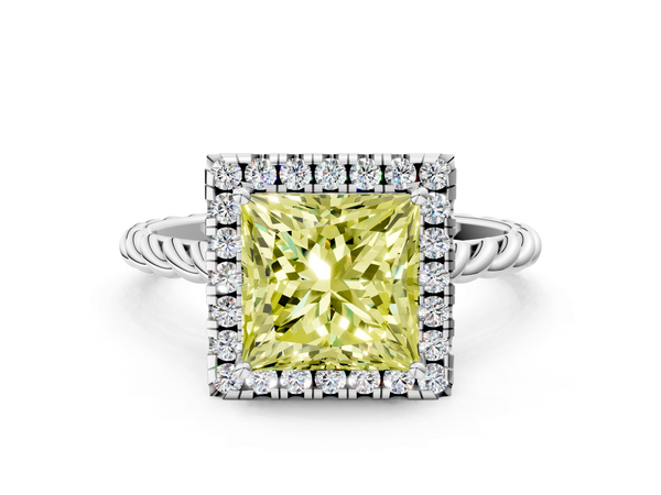 Platinum Fancy Yellow Princess  Halo Twisted Band Four-Prong Diamond Ring
