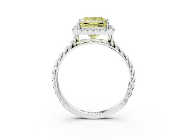 Platinum Fancy Yellow Princess  Halo Twisted Band Four-Prong Diamond Ring