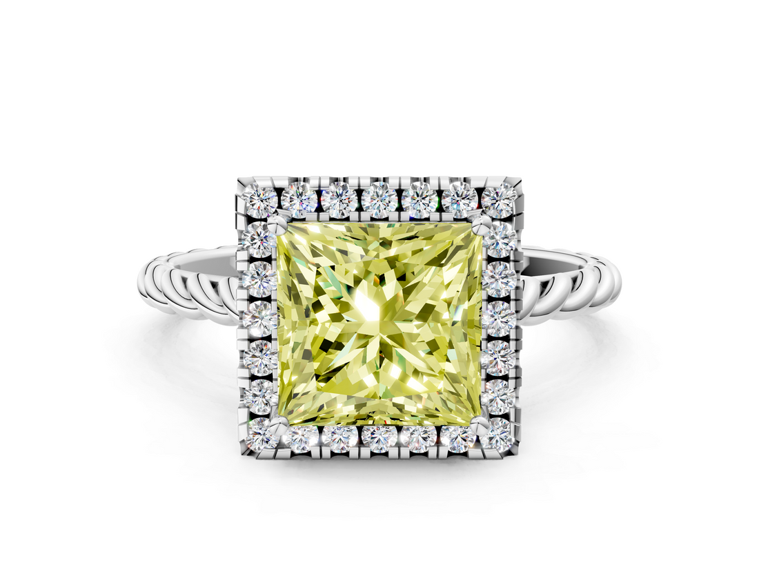 White gold Fancy Yellow Princess  Halo Twisted Band Four-Prong Diamond Ring