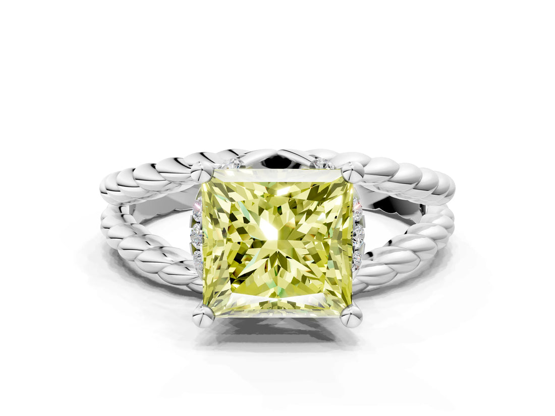 White gold Fancy Yellow Princess  Halo Twisted Band Four-Prong Ring_32