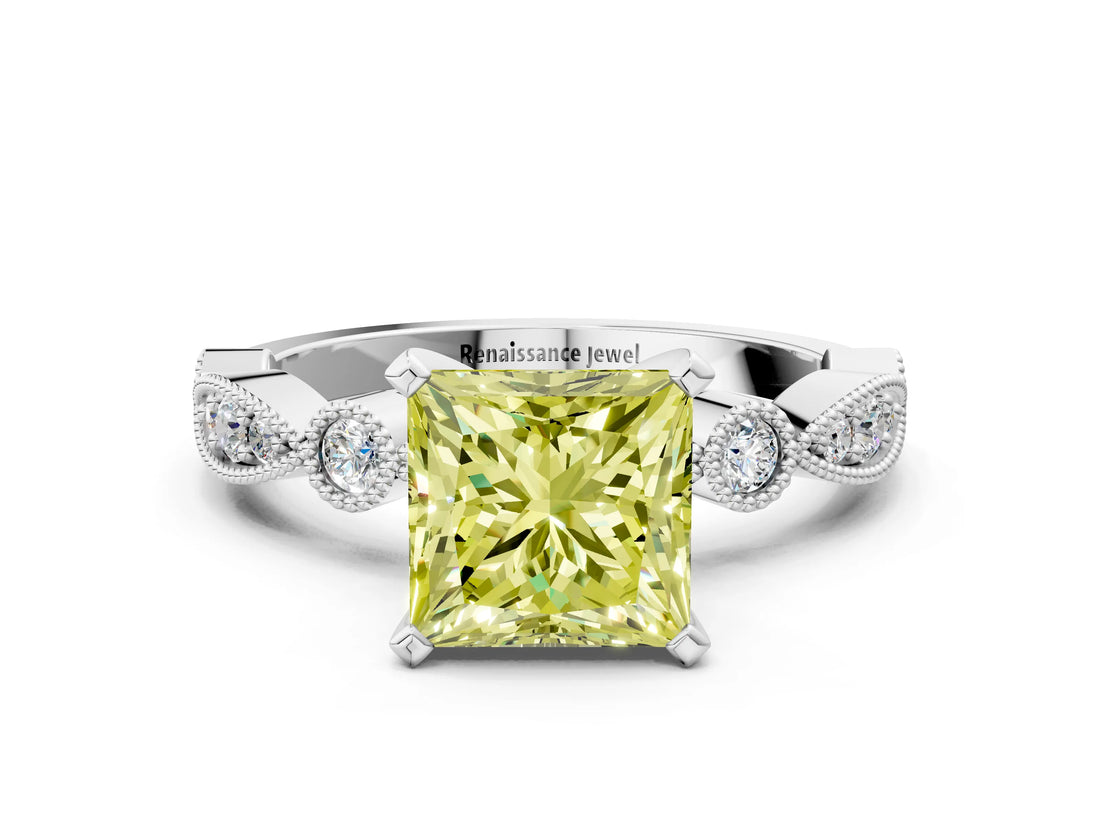 White gold Fancy Yellow Princess  Milgrain Bezel Diamond Engagement Ring with Solitaire Prong Setting_29