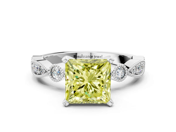 Platinum Fancy Yellow Princess  Milgrain Bezel Diamond Engagement Ring with Solitaire Prong Setting