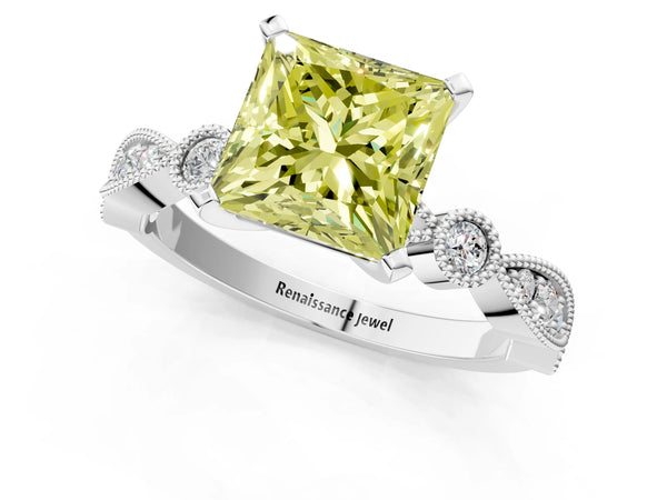 Platinum Fancy Yellow Princess  Milgrain Bezel Diamond Engagement Ring with Solitaire Prong Setting