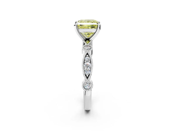 Platinum Fancy Yellow Princess  Milgrain Bezel Diamond Engagement Ring with Solitaire Prong Setting