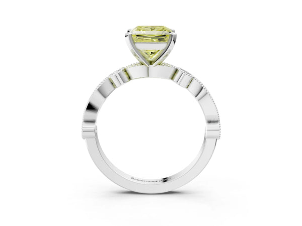 Platinum Fancy Yellow Princess  Milgrain Bezel Diamond Engagement Ring with Solitaire Prong Setting