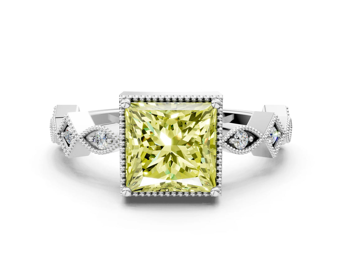 White gold Fancy Yellow Princess  Milgrain Marquise Diamond Twist Band Ring_74