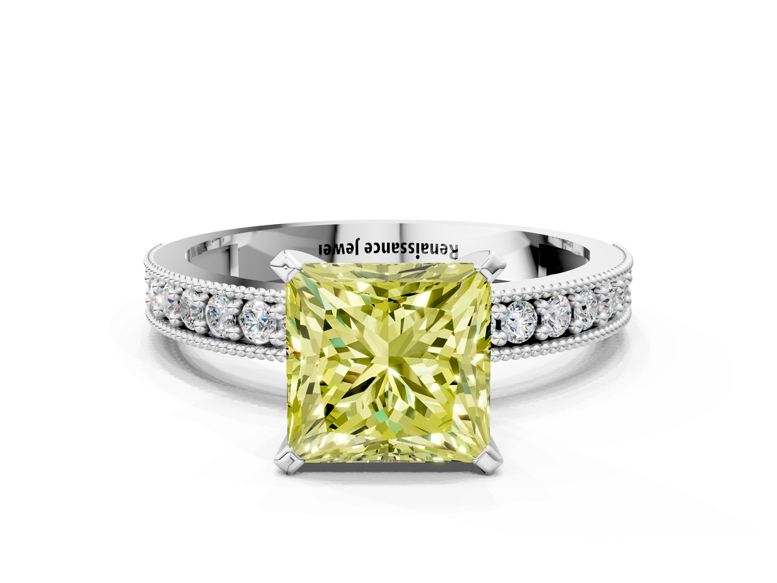 White gold Fancy Yellow Princess  Milgrain Pave Diamond Engagement Ring with Four-Prong Setting