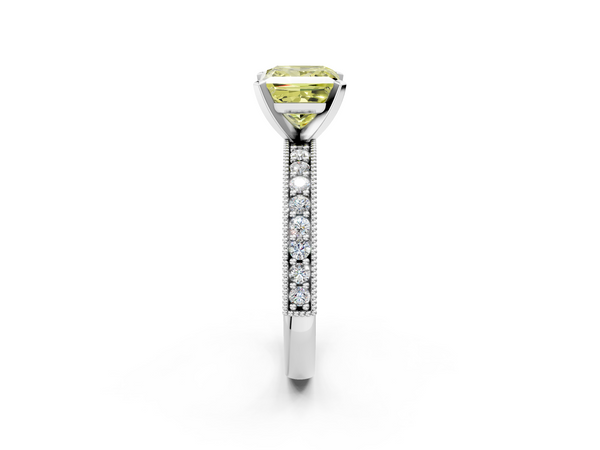 White gold Fancy Yellow Princess Cut Diamond Milgrain Pavé Engagement Ring with Four-Prong Setting