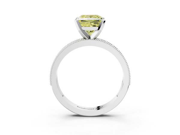 White gold Fancy Yellow Princess Cut Diamond Milgrain Pavé Engagement Ring with Four-Prong Setting