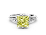 White gold Fancy Yellow Princess  Solitaire Beaded Band Six-Prong Setting
