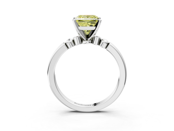 White gold Fancy Yellow Princess  Solitaire Beaded Band with Four-Prong Setting