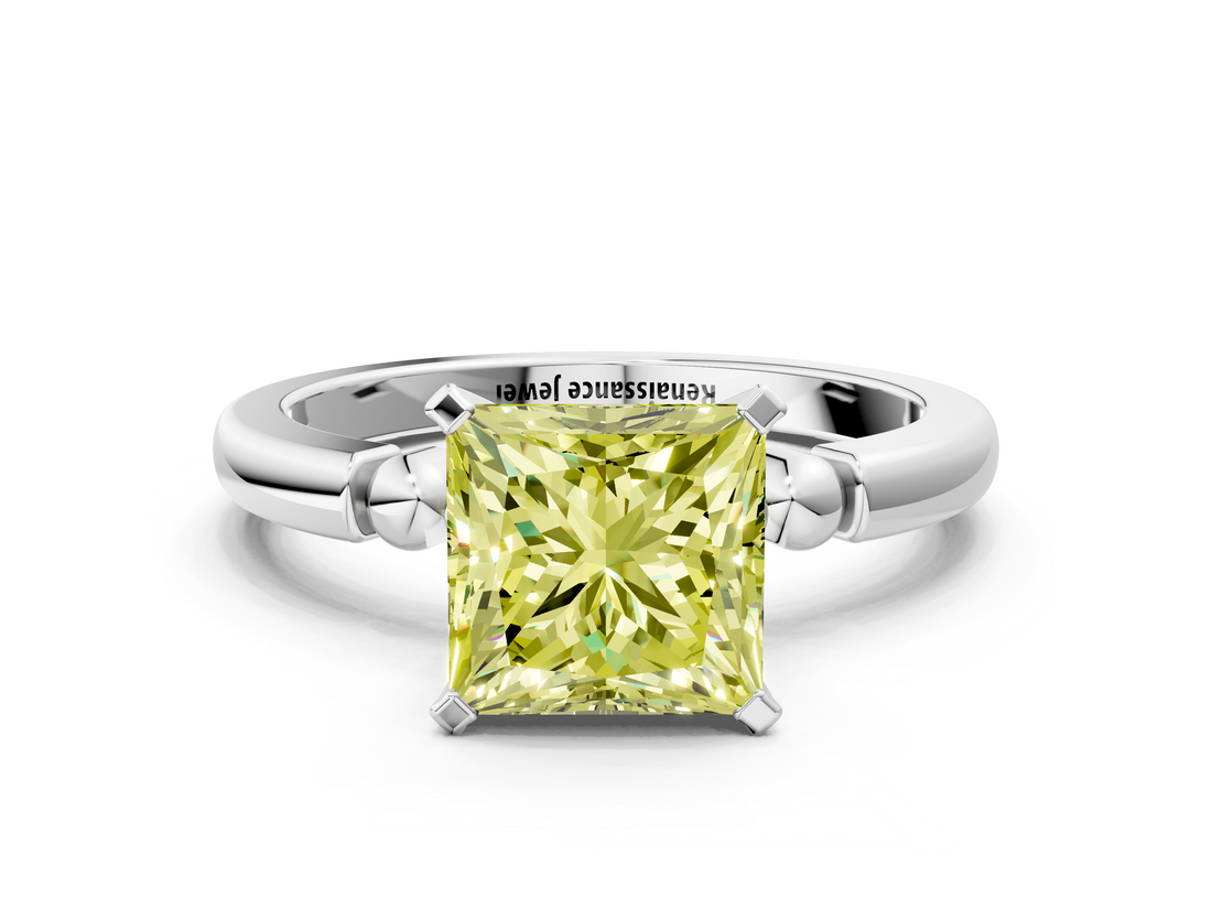 White gold Fancy Yellow Princess  Solitaire Beaded Band with Four-Prong Setting