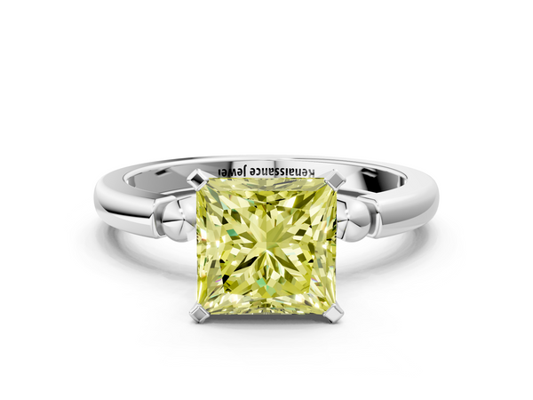 White gold Fancy Yellow Princess  Solitaire Beaded Band with Four-Prong Setting