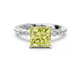 White gold Fancy Yellow Princess  Solitaire Bezel Accent Diamond Engagement Ring with Beaded Band and Four-Prong Setting