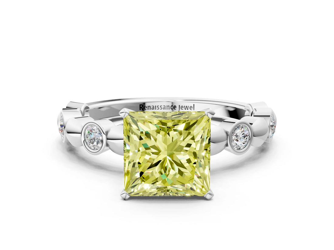 White gold Fancy Yellow Princess  Solitaire Bezel-Set Diamond Ring with Beaded Band and Four-Prong Setting_50