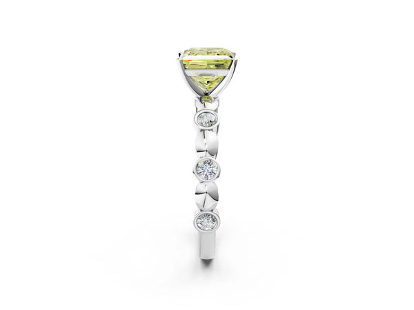 White gold Fancy Yellow Princess  Solitaire Bezel-Set Diamond Ring with Beaded Band and Four-Prong Setting