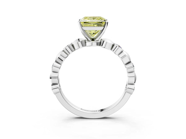 White gold Fancy Yellow Princess  Solitaire Bezel-Set Diamond Ring with Beaded Band and Four-Prong Setting