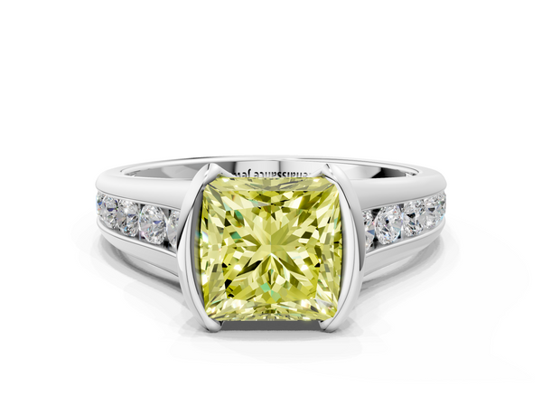 Platinum Fancy Yellow Princess  Solitaire Bezel-Set Diamond Ring with Channel-Set Band