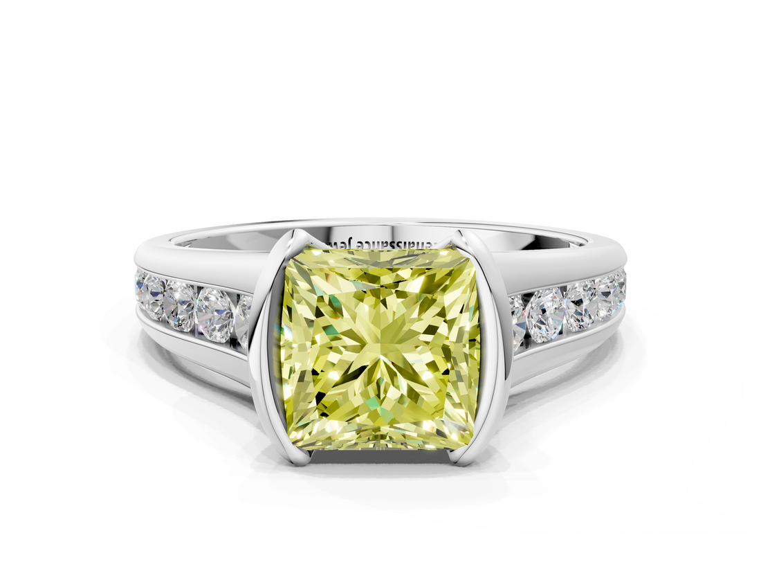 White gold Fancy Yellow Princess  Solitaire Bezel-Set Diamond Ring with Channel-Set Band