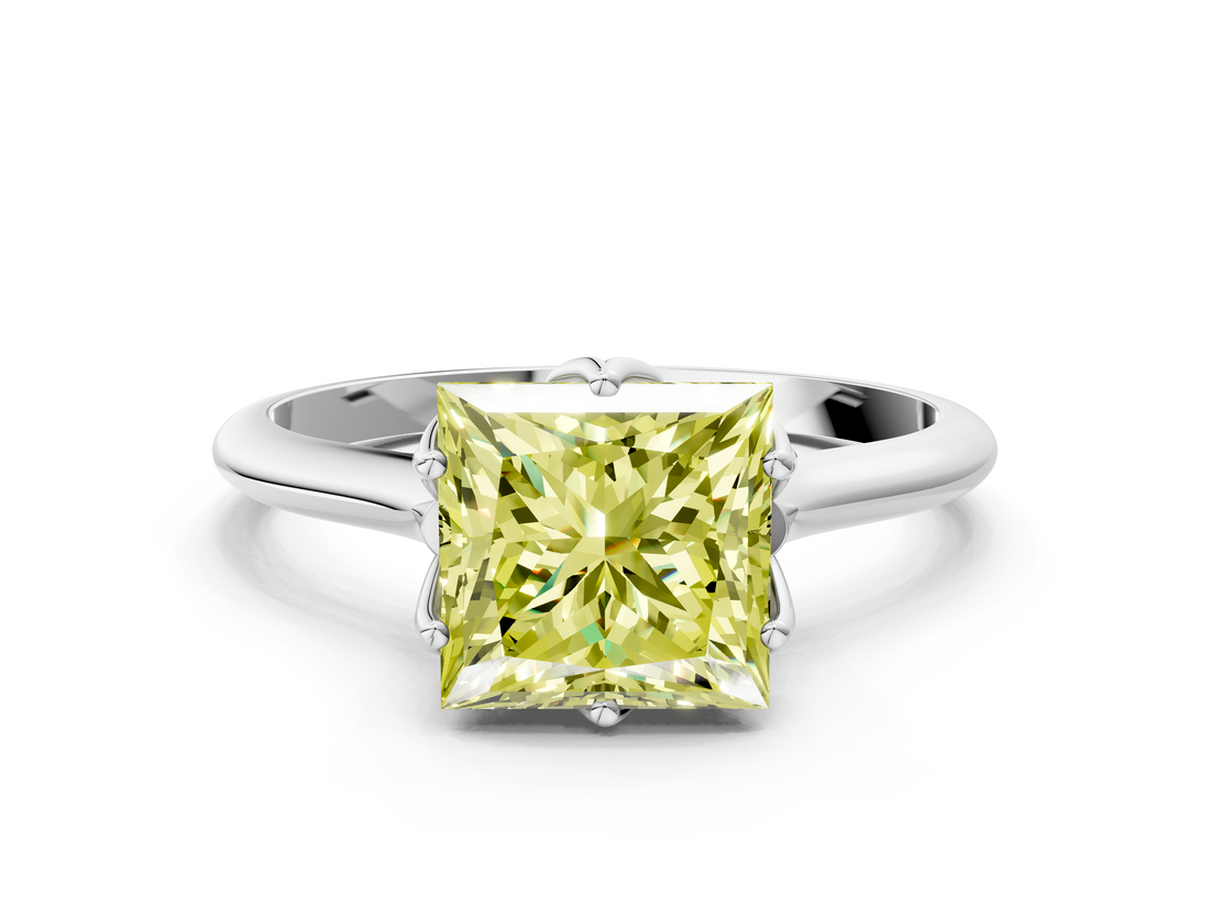 White gold Fancy Yellow Princess  Solitaire Cathedral Diamond Ring with Six-Prong Setting