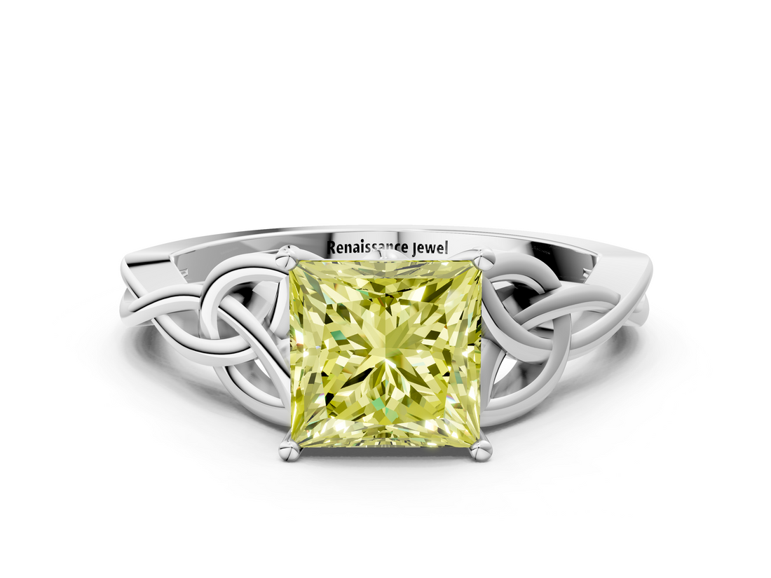 White gold Fancy Yellow Princess  Solitaire Celtic Knot Engagement Ring with Four-Prong Setting