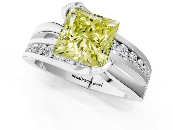 Platinum Fancy Yellow Princess  Solitaire Channel-Set Split Shank Ring with Tension Prong Setting