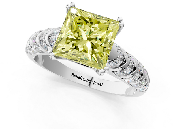 White Gold Princess Cut Chevron Pave Solitaire Engagement Ring Setting for Fancy Yellow Center