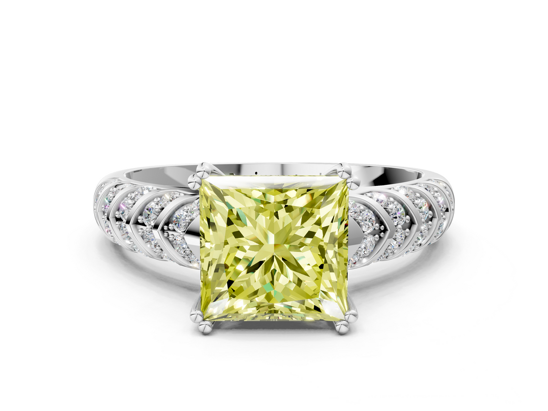 White gold Fancy Yellow Princess  Solitaire Chevron Pave Diamond Engagement Ring with Six-Prong Setting