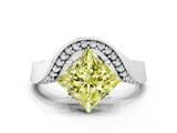 White gold Fancy Yellow Princess  Solitaire Diamond Engagement Ring with Pave Band and Four-Prong Setting