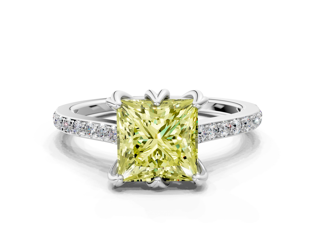 White gold Fancy Yellow Princess  Solitaire Diamond Engagement Ring with Pave Band and Six-Prong Setting