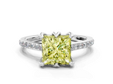 White gold Fancy Yellow Princess  Solitaire Diamond Engagement Ring with Pave Band and Six-Prong Setting