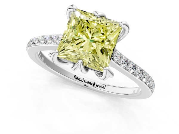Platinum Fancy Yellow Princess  Solitaire Diamond Engagement Ring with Pave Band and Six-Prong Setting