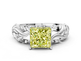 White gold Fancy Yellow Princess  Solitaire Diamond Leaf Vine Band with Prong Setting