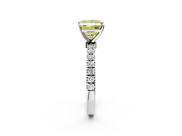 Platinum Fancy Yellow Princess Cut Diamond Solitaire Ring with Pavé Accents and Four-Prong Setting