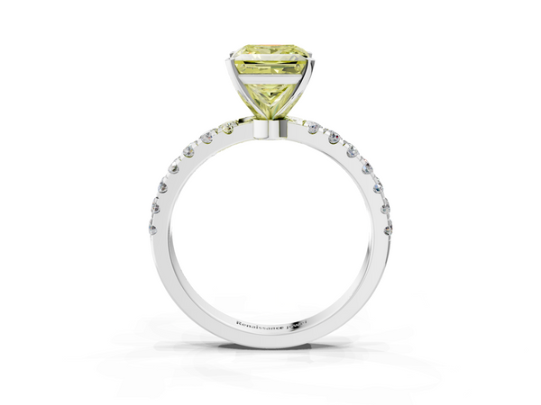Platinum Fancy Yellow Princess Cut Diamond Solitaire Ring with Pavé Accents and Four-Prong Setting