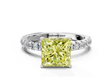 White gold Fancy Yellow Princess  Solitaire Diamond Pavé Band with Four-Prong Setting