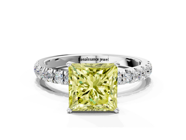 Platinum Fancy Yellow Princess Cut Diamond Solitaire Ring with Pavé Accents and Four-Prong Setting