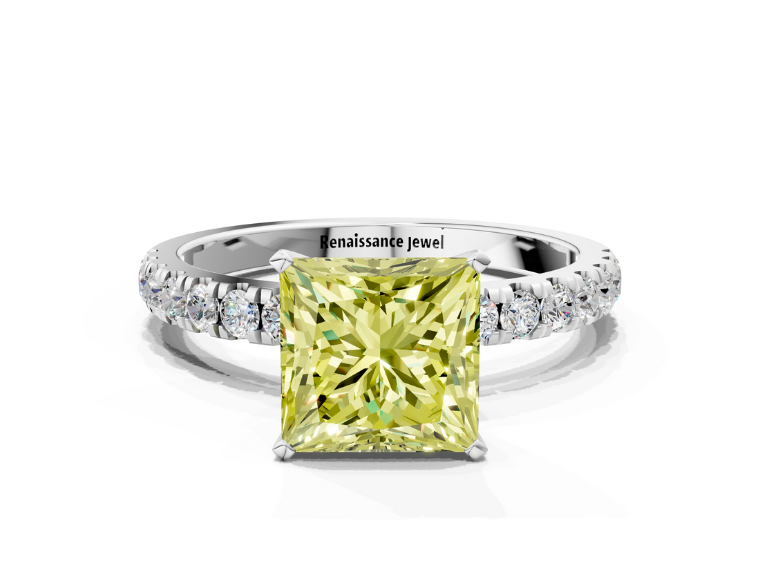 White gold Fancy Yellow Princess  Solitaire Diamond Pavé Band with Four-Prong Setting